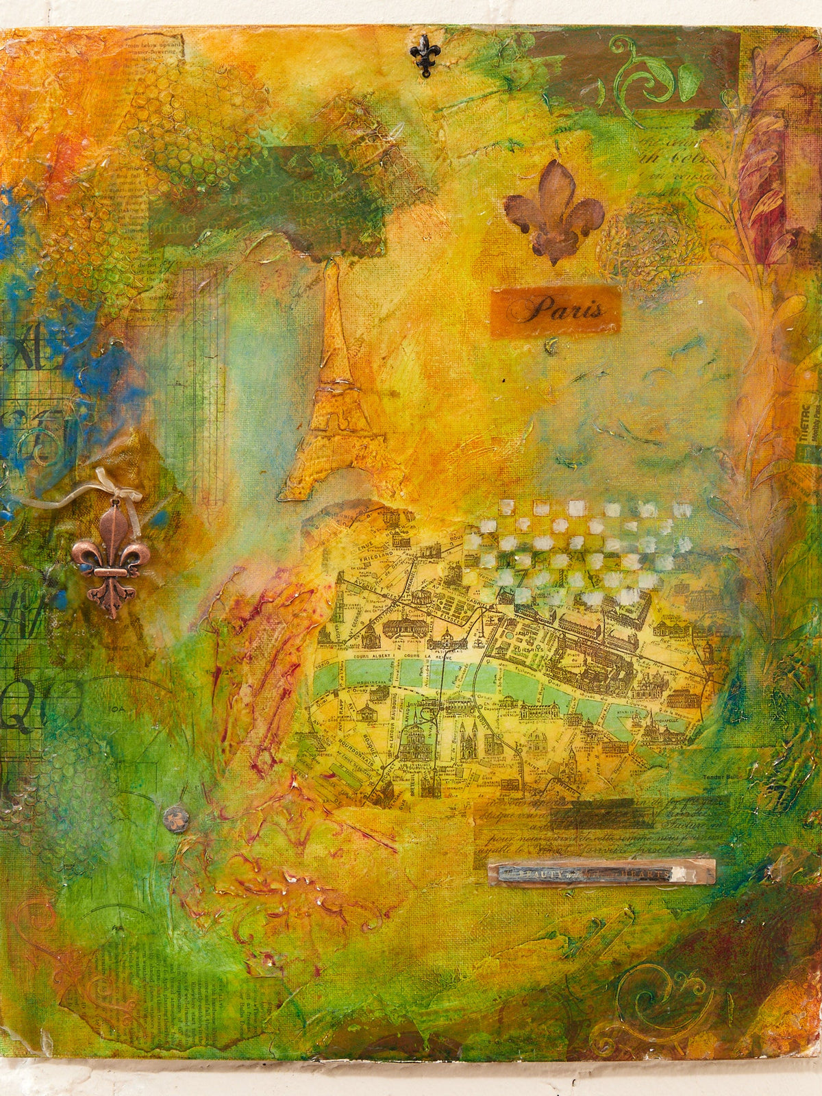 Paris Collage Mixed Media Artwork with Eiffel Tower Map and Fleur-de-Lis Motifs