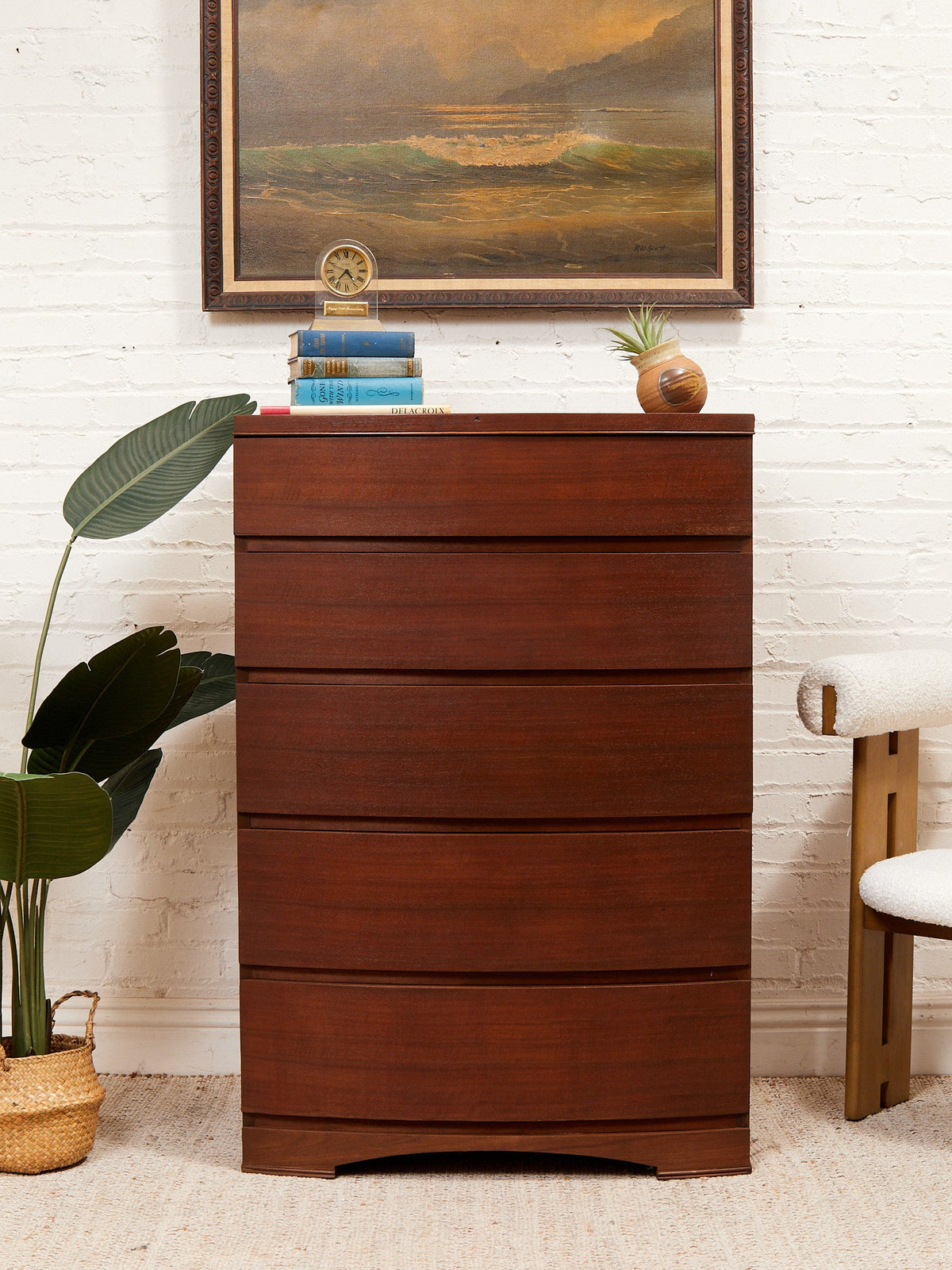 Vintage Art Deco Bow-Front 5-Drawer Highboy Dresser