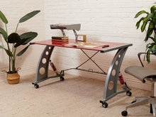 Postmodern Racing-Inspired Desk with Red Glass Top, Metal Frame and Wheels