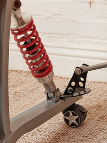 Postmodern Racing-Inspired Desk with Red Glass Top, Metal Frame and Wheels