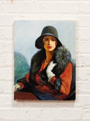 Woman in Black Hat Fashion Portrait Oil Painting with Red and Fur Accents