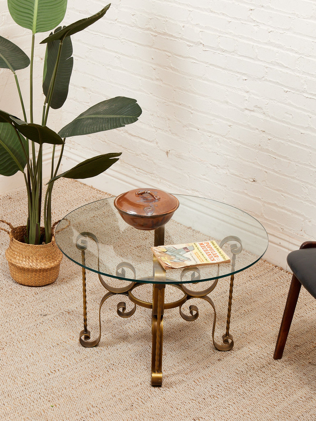 Hollywood Regency Glass Side Table with Brass Scroll Iron Base