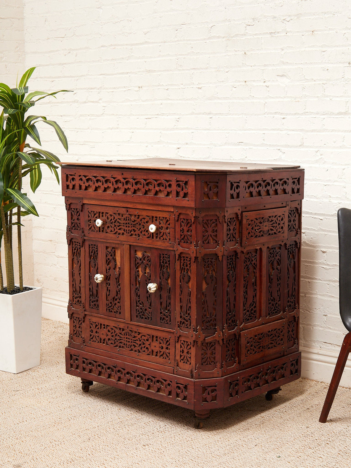 Asian Heavily Hand Carved Flip Top Dry Bar Cabinet