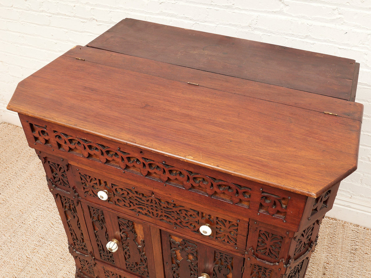 Asian Heavily Hand Carved Flip Top Dry Bar Cabinet