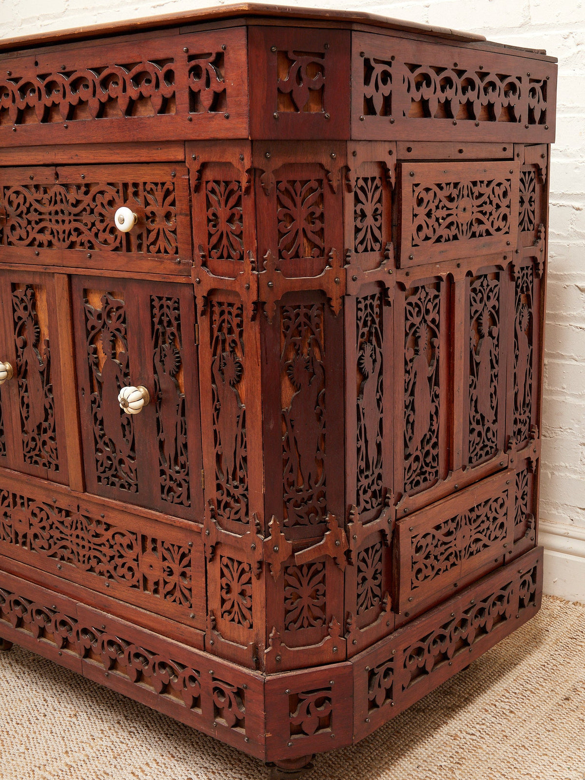 Asian Heavily Hand Carved Flip Top Dry Bar Cabinet