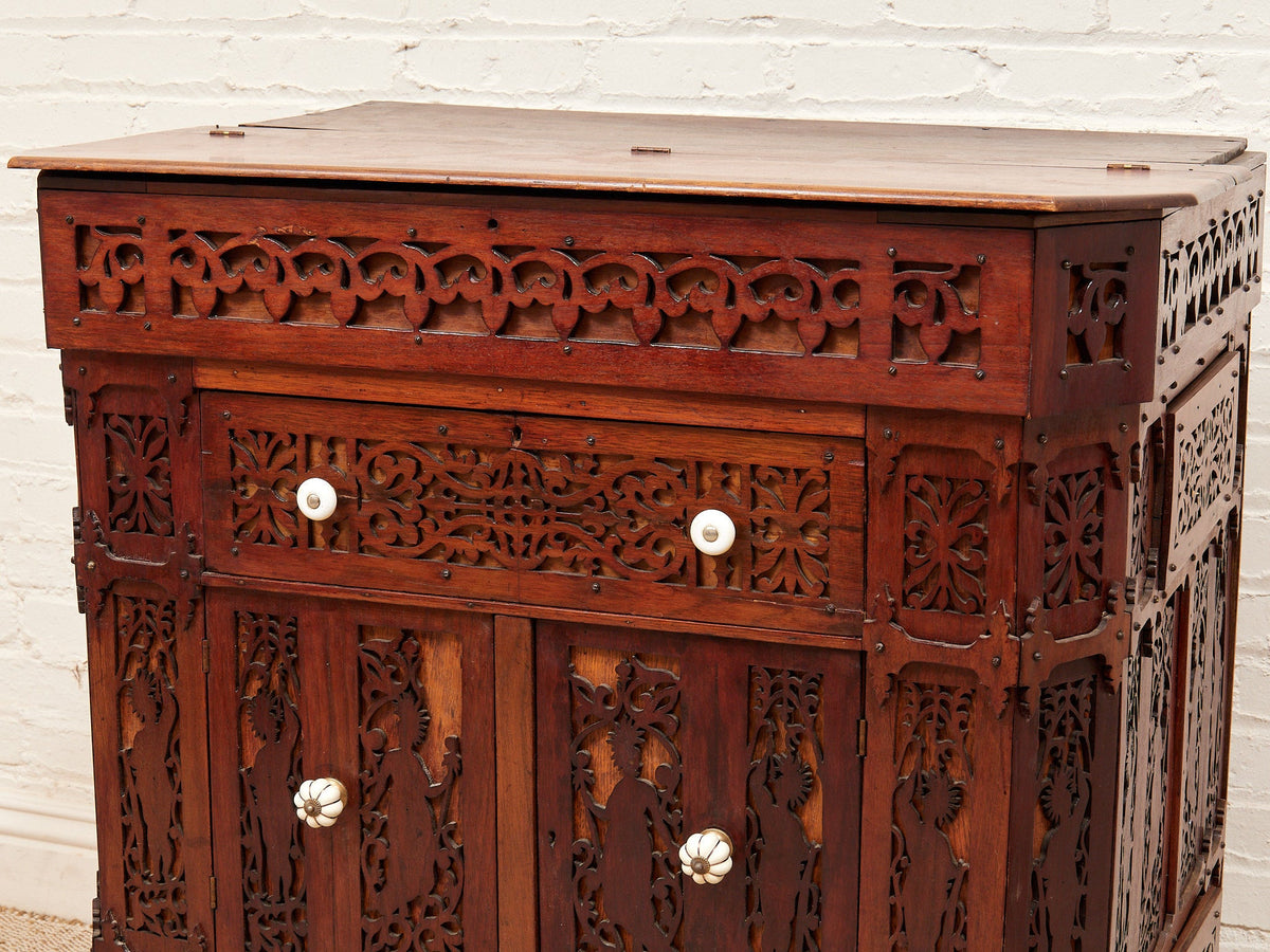 Asian Heavily Hand Carved Flip Top Dry Bar Cabinet