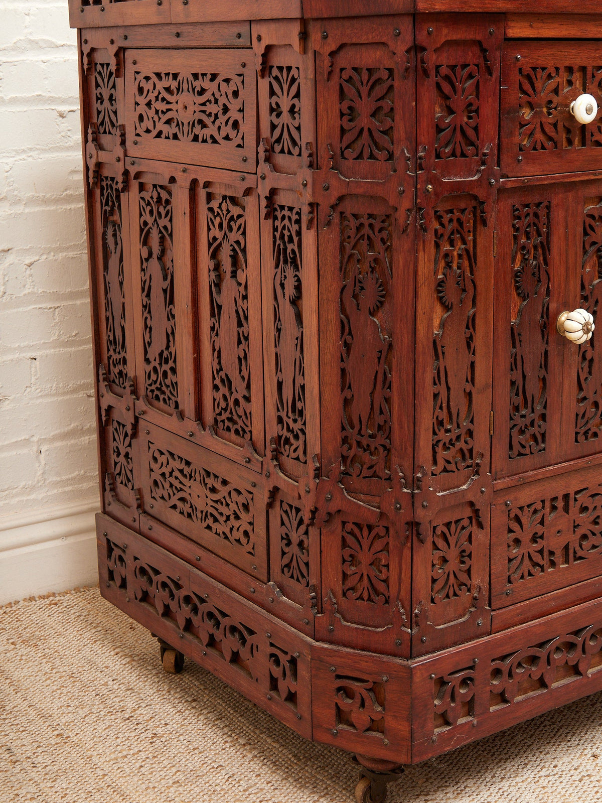 Asian Heavily Hand Carved Flip Top Dry Bar Cabinet