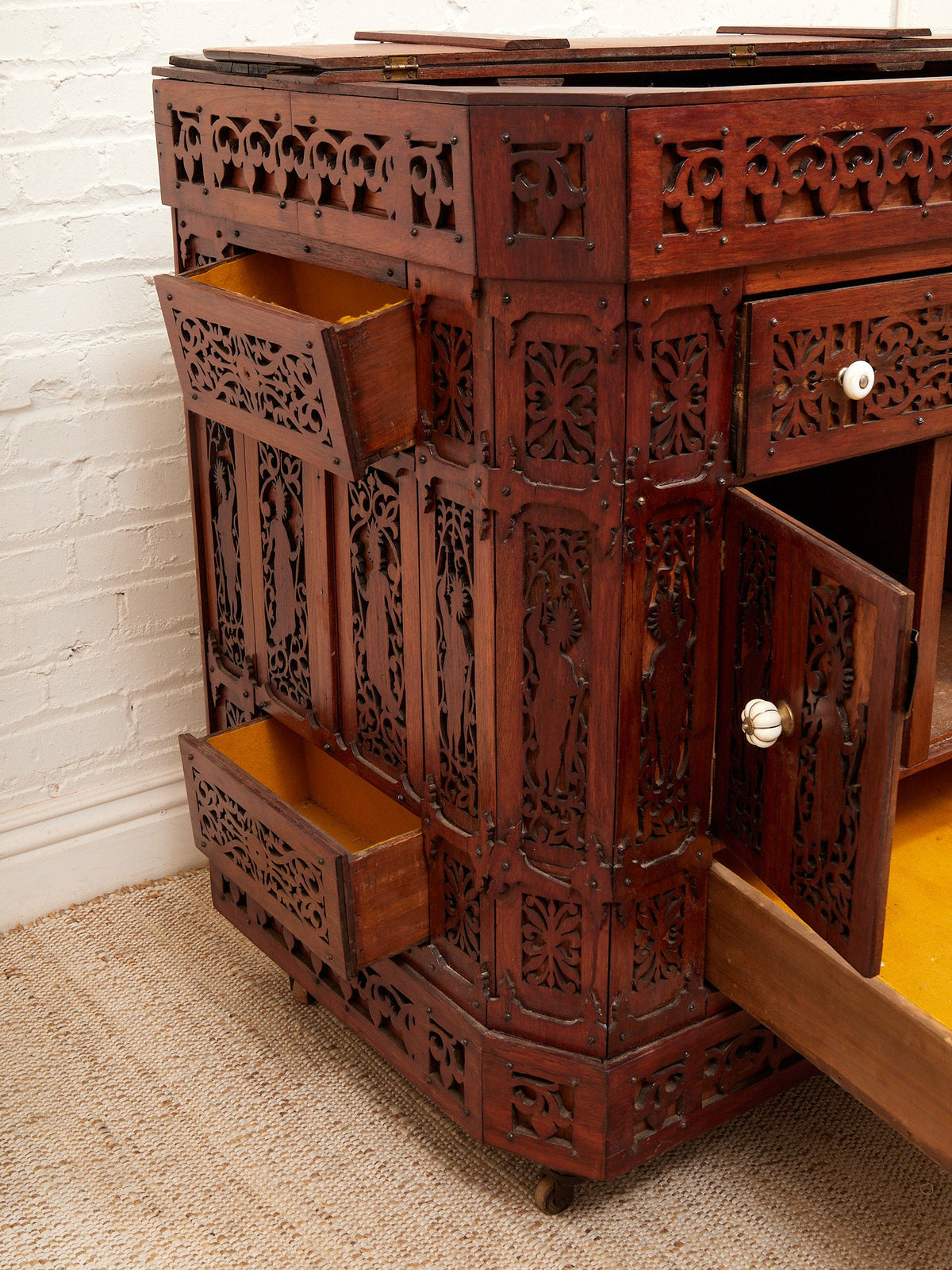 Asian Heavily Hand Carved Flip Top Dry Bar Cabinet