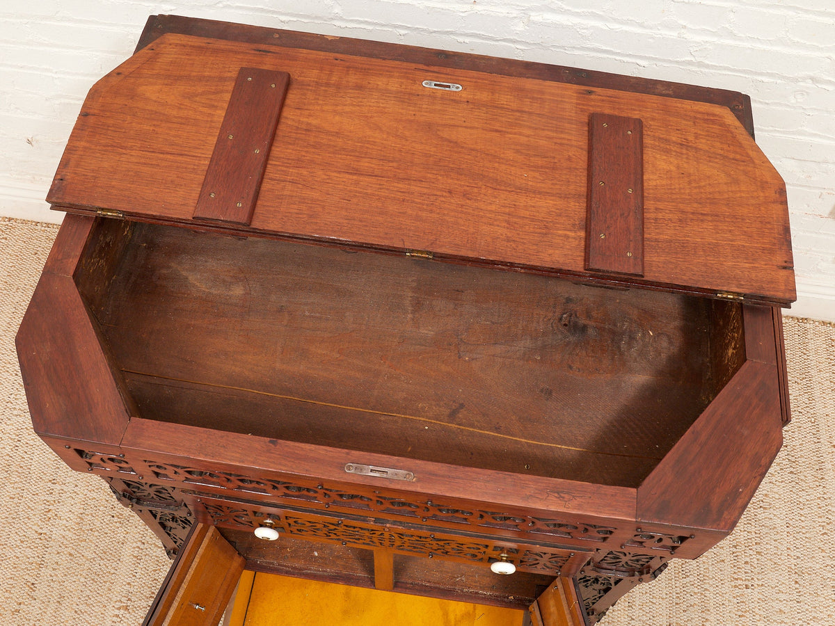 Asian Heavily Hand Carved Flip Top Dry Bar Cabinet