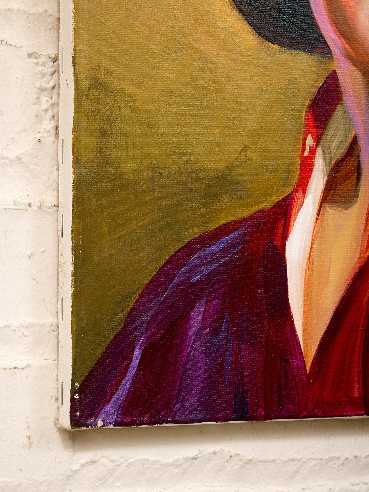 Woman in Black Hat Portrait Painting with Crimson Robe and Golden Background