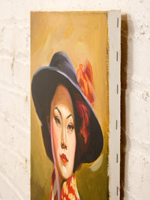 Woman in Black Hat Portrait Painting with Crimson Robe and Golden Background
