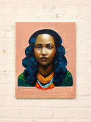 Blue Hair Portrait Figurative Painting with Bold Color and Warm Copper Background