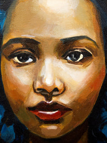 Blue Hair Portrait Figurative Painting with Bold Color and Warm Copper Background