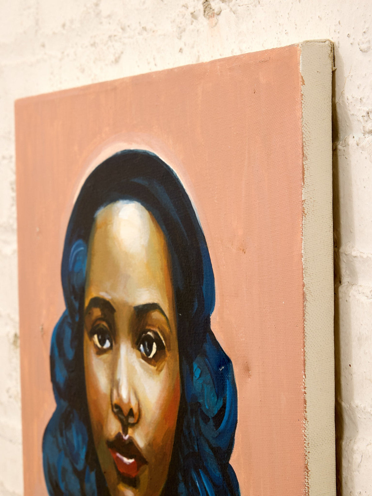 Blue Hair Portrait Figurative Painting with Bold Color and Warm Copper Background