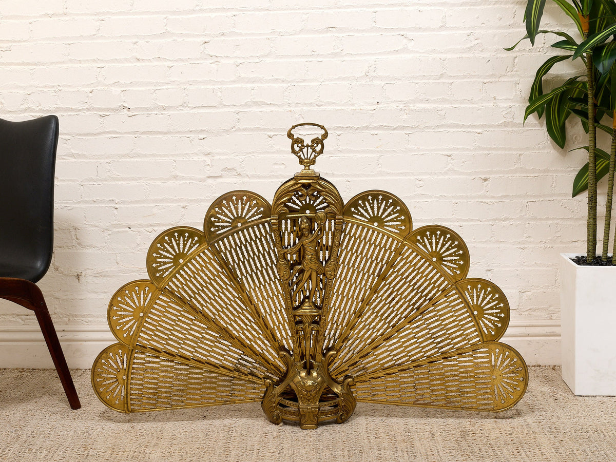 Antique 1930s Brass Folding Fan Fireplace Screen with Classical Figural Motif