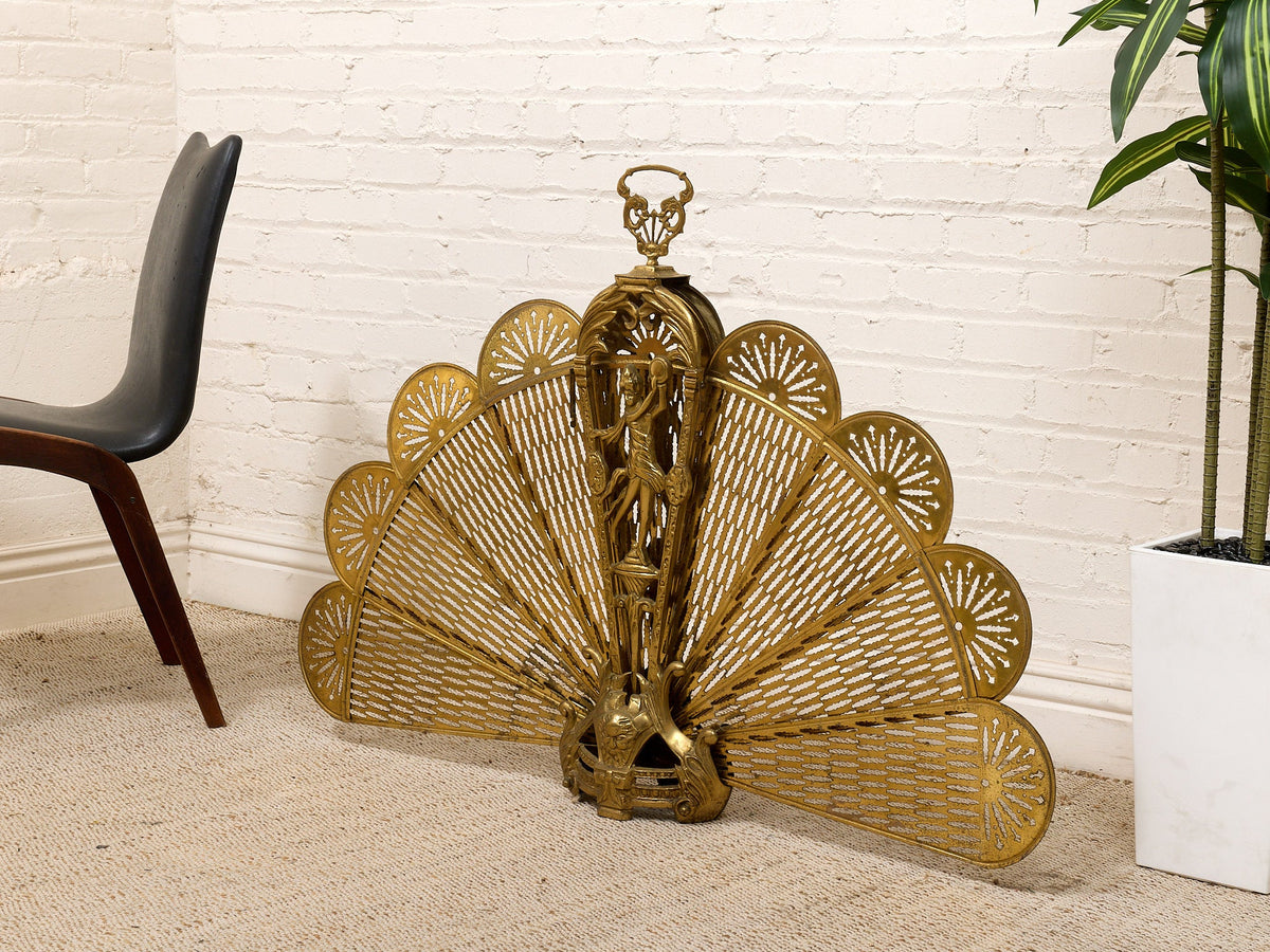 Antique 1930s Brass Folding Fan Fireplace Screen with Classical Figural Motif