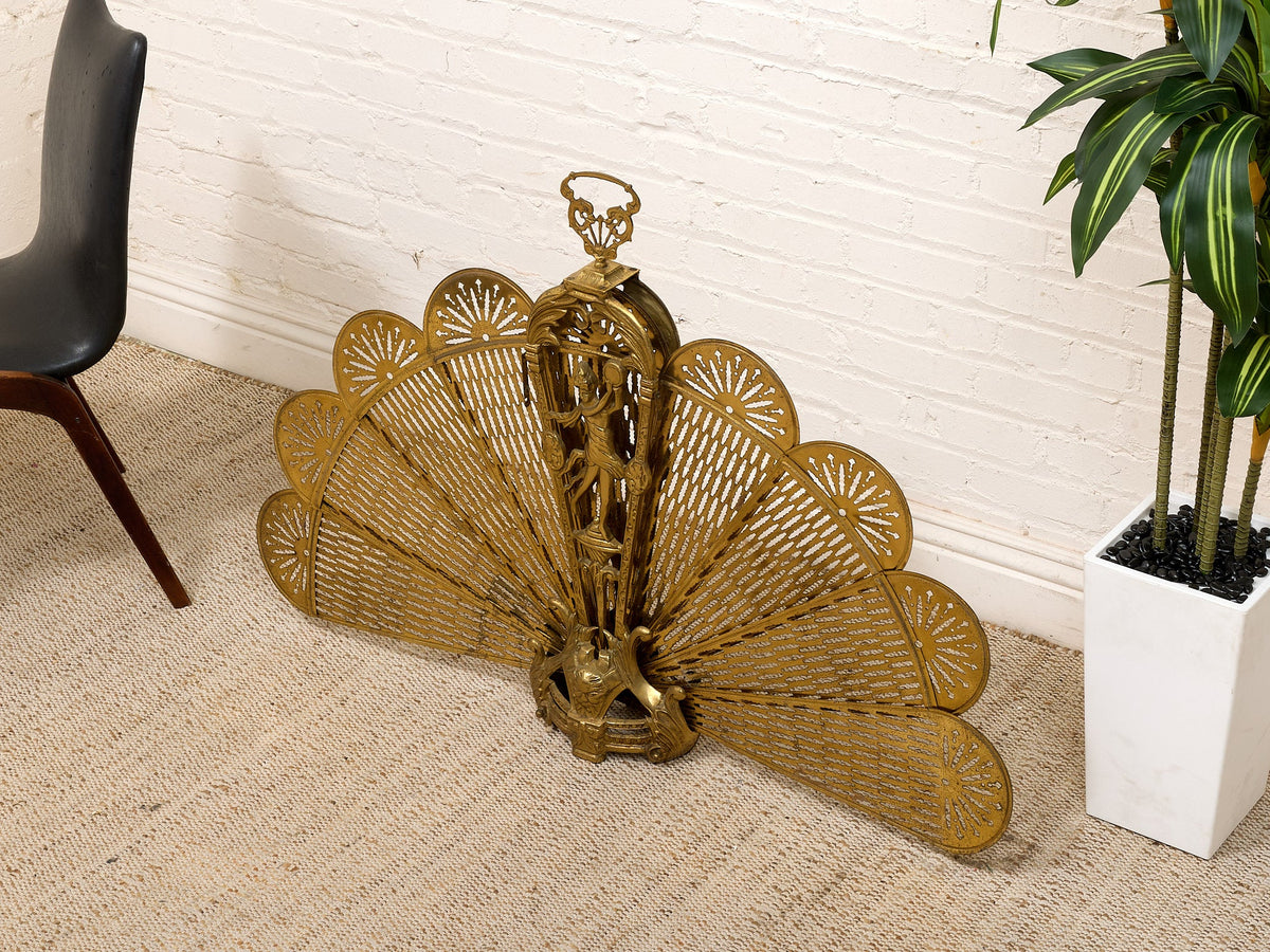 Antique 1930s Brass Folding Fan Fireplace Screen with Classical Figural Motif