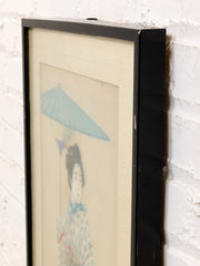 JAPANESE MEIJI PERIOD (1868–1912) "GEISHA WITH UMBRELLA" GOUACHE OIL ON SILK, FRAMED