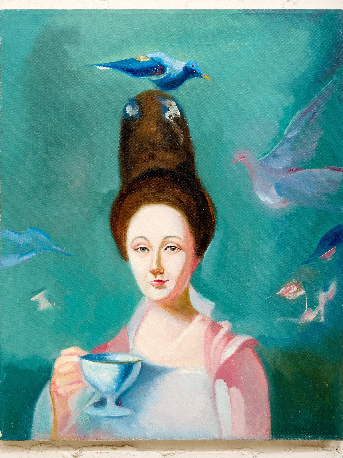 Lady with Birds Surreal Figurative Portrait Painting with Teacup