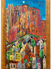 City Above the Village by Spencer Collins Framed Expressionist Urban Landscape Painting
