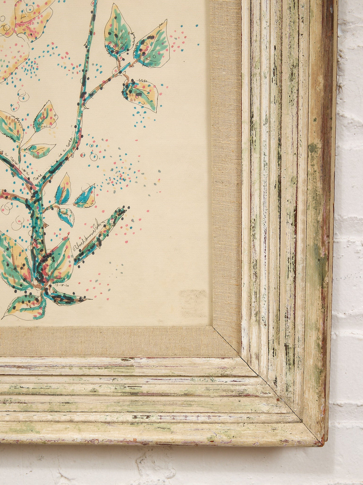 Pointillist Rose Study Framed Botanical Drawing with Bud and Bloom