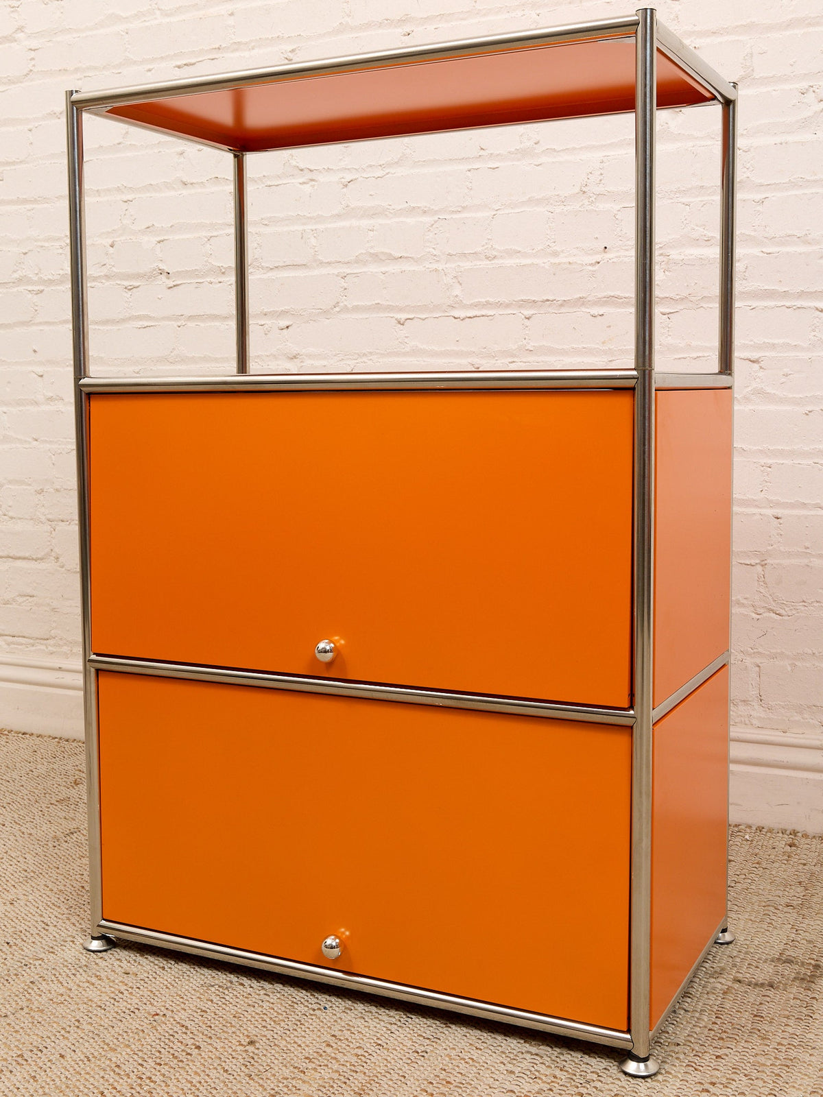 Orange and Chrome Two-Drawer Storage Cabinet with Shelf