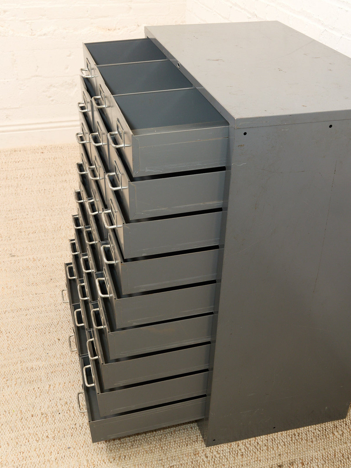 Vintage Industrial Steel Flat File Cabinet with 27 Label-Pull Drawers