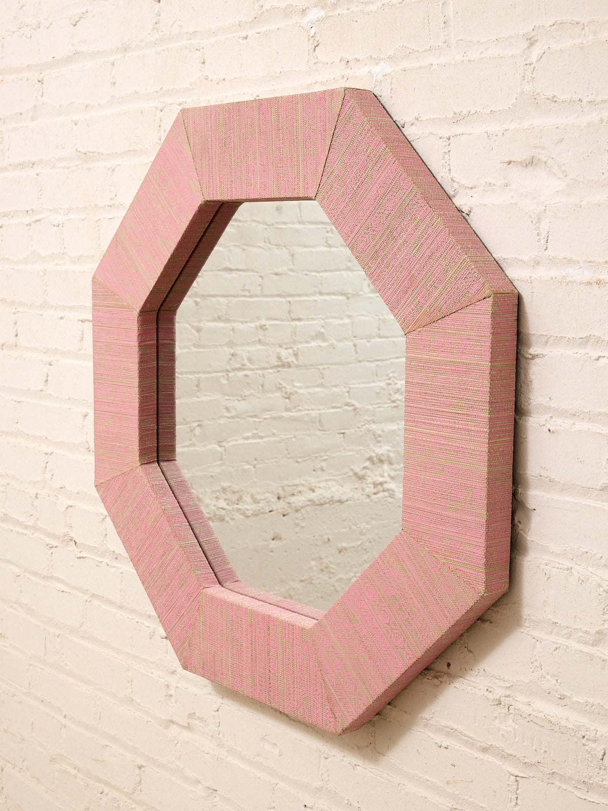 Vintage Postmodern Octagonal Mirror with Pink Textile Frame