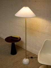 Modern Brass Floor Lamp with White Pleated Shade and Marble Base