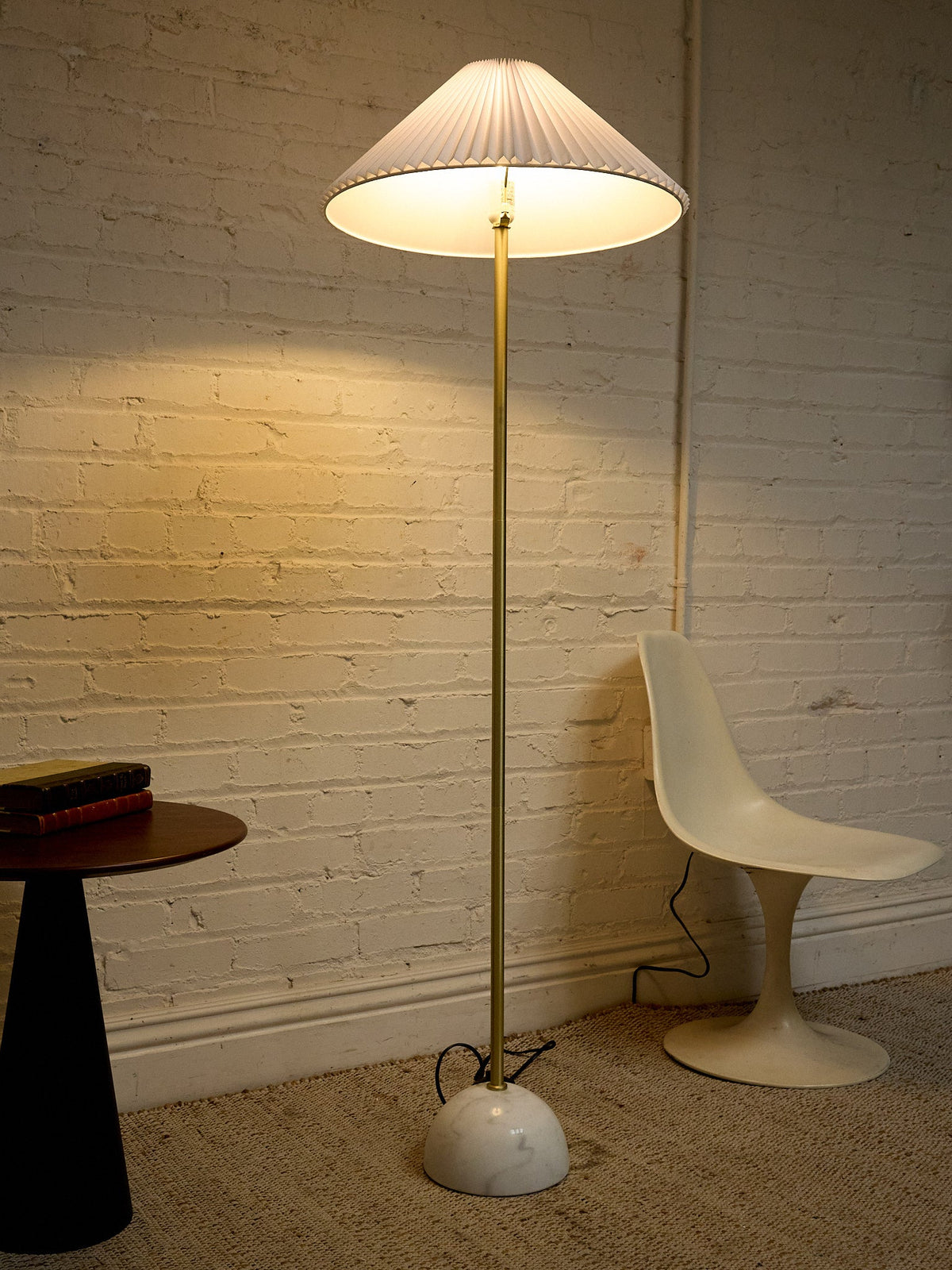 Modern Brass Floor Lamp with White Pleated Shade and Marble Base