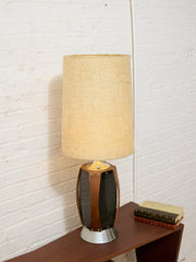 Vintage Mid-Century Table Lamp featuring Sculptural Wood Frame, Smoked Glass Panels, Metal Base and Tall Neutral Fabric Shade