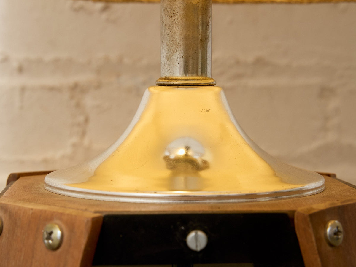 Vintage Mid-Century Table Lamp featuring Sculptural Wood Frame, Smoked Glass Panels, Metal Base and Tall Neutral Fabric Shade