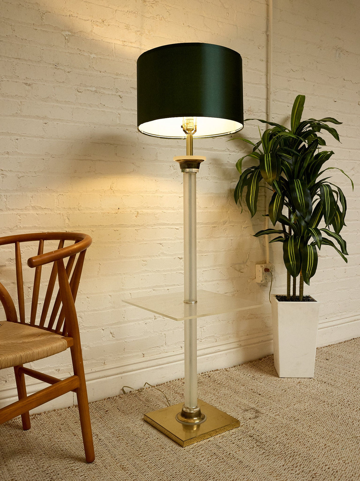 Vintage Hollywood Regency Lucite and Brass Floor Lamp with Built-In Table