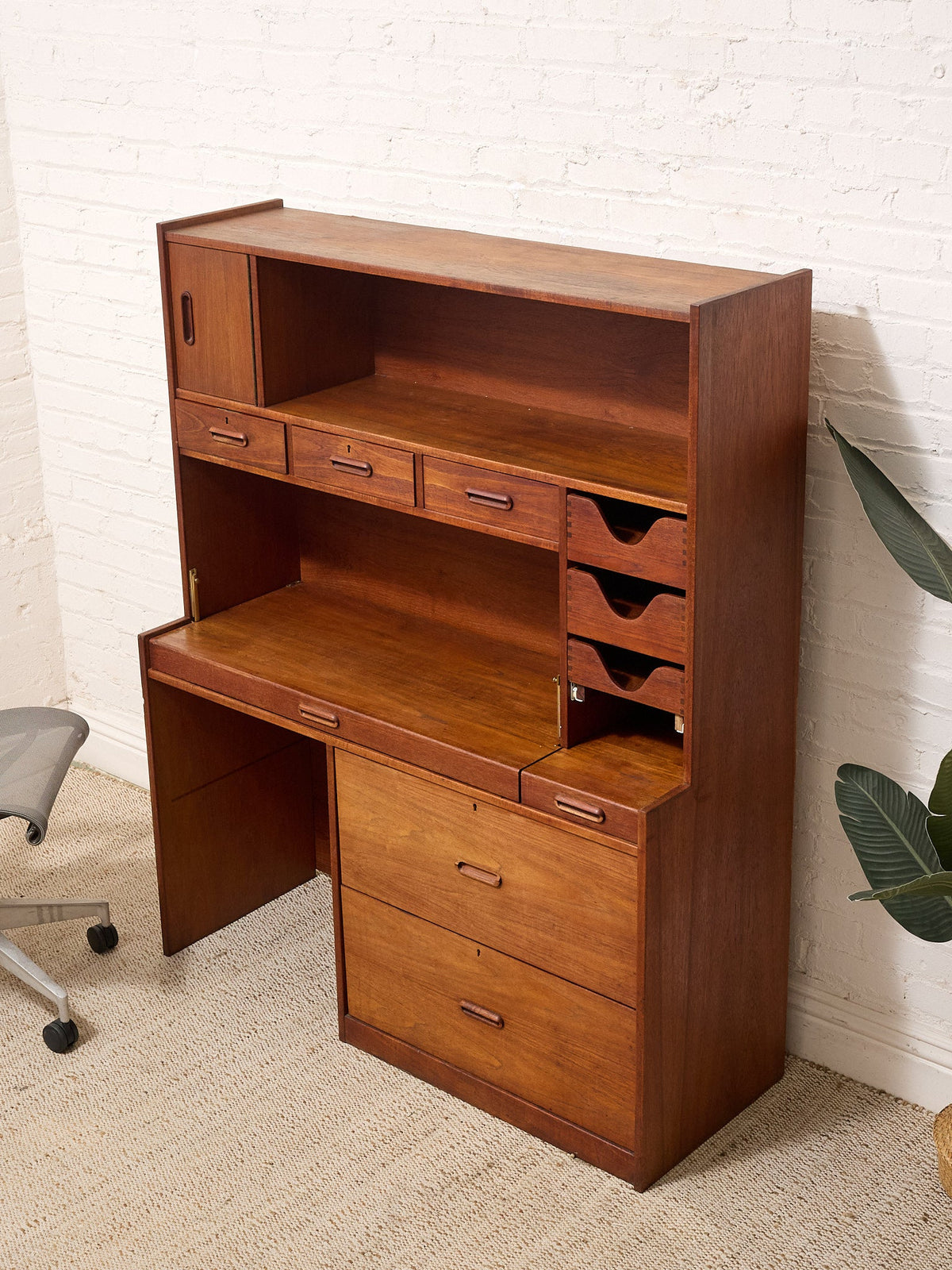 Vintage Mid-Century Modern Teak Secretary Desk with Fold-Down Writing Surface