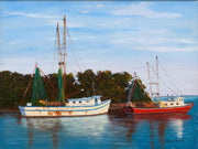 Vintage Coastal Harbor Painting with Shrimp Boats