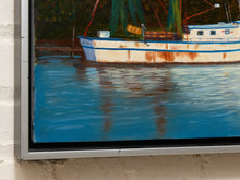 Vintage Coastal Harbor Painting with Shrimp Boats