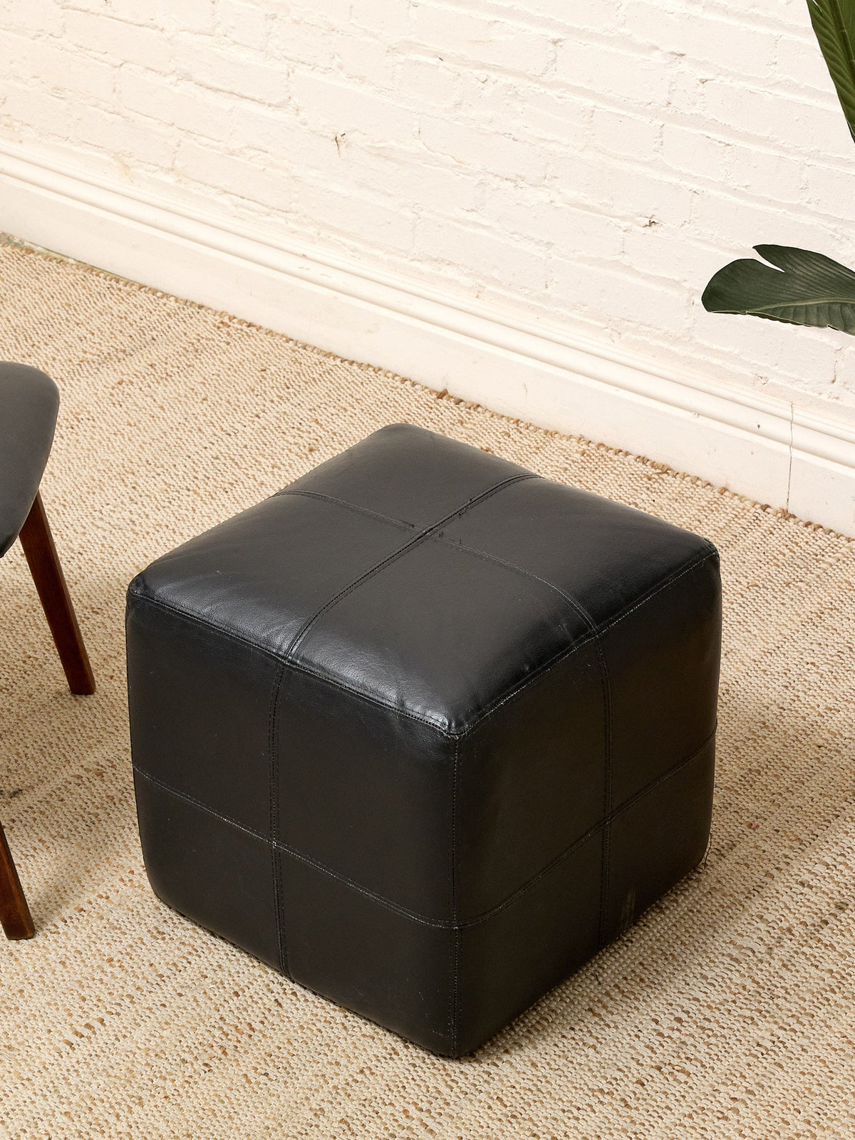 Vintage Black Leather Patchwork Cube Ottoman