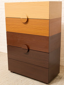 Modern Two-Tone Wood Five-Drawer Tall Dresser with Sculptural Half-Moon Pulls