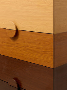 Modern Two-Tone Wood Five-Drawer Tall Dresser with Sculptural Half-Moon Pulls