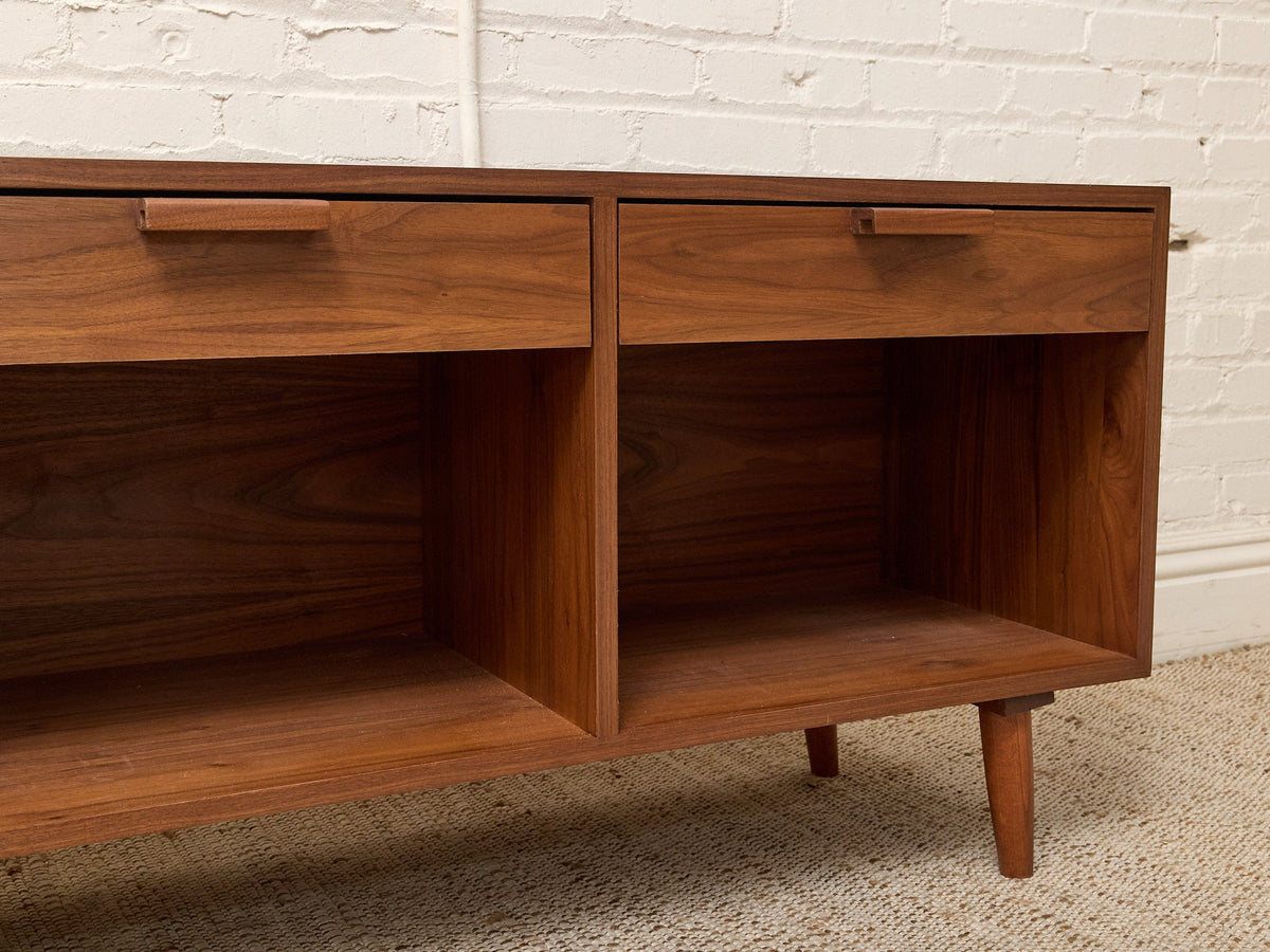 Boston Handcrafted, Walnut Low Credenza with Drawers and Open Storage