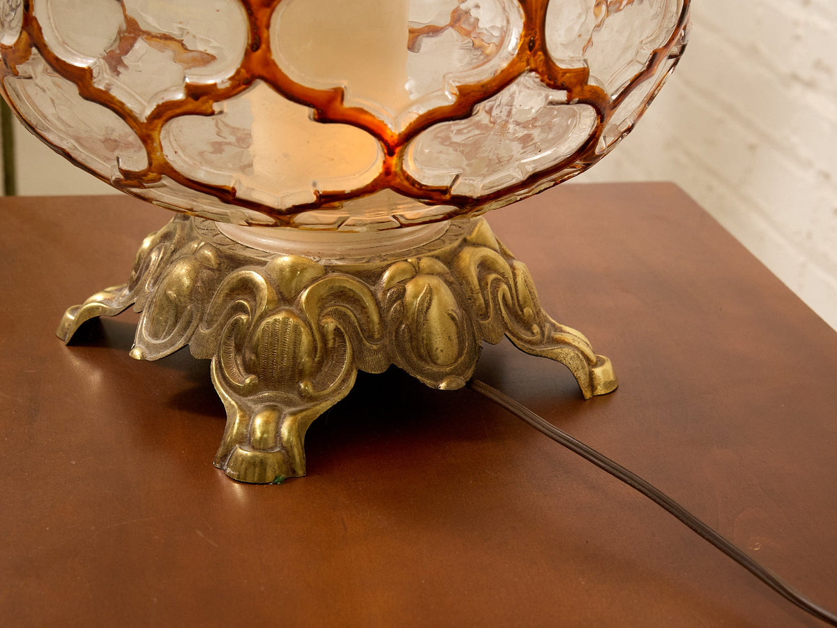 Vintage Faceted Glass Globe Table Lamp with Brass Base and Pleated Shade