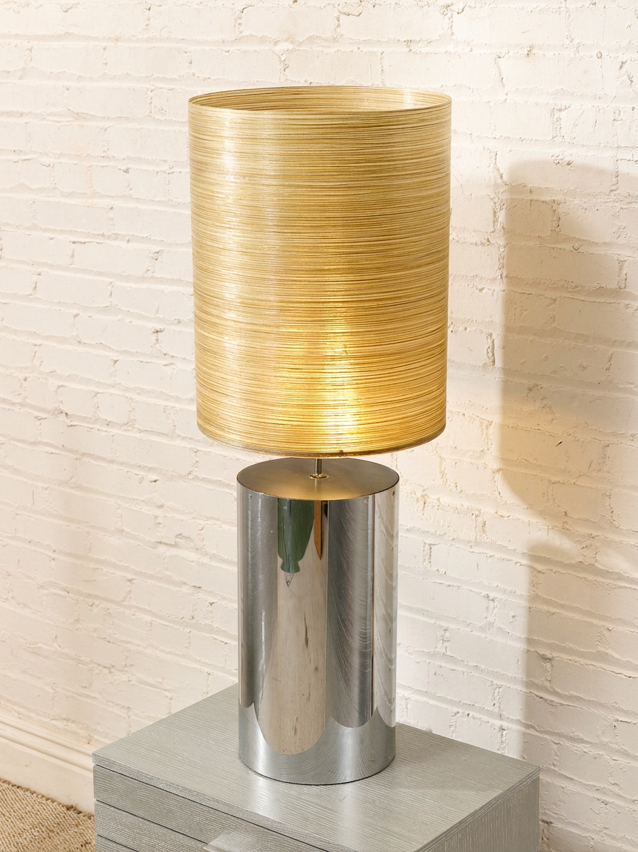 Chrome Cylinder Table Lamp with Tall Gold Grasscloth Shade