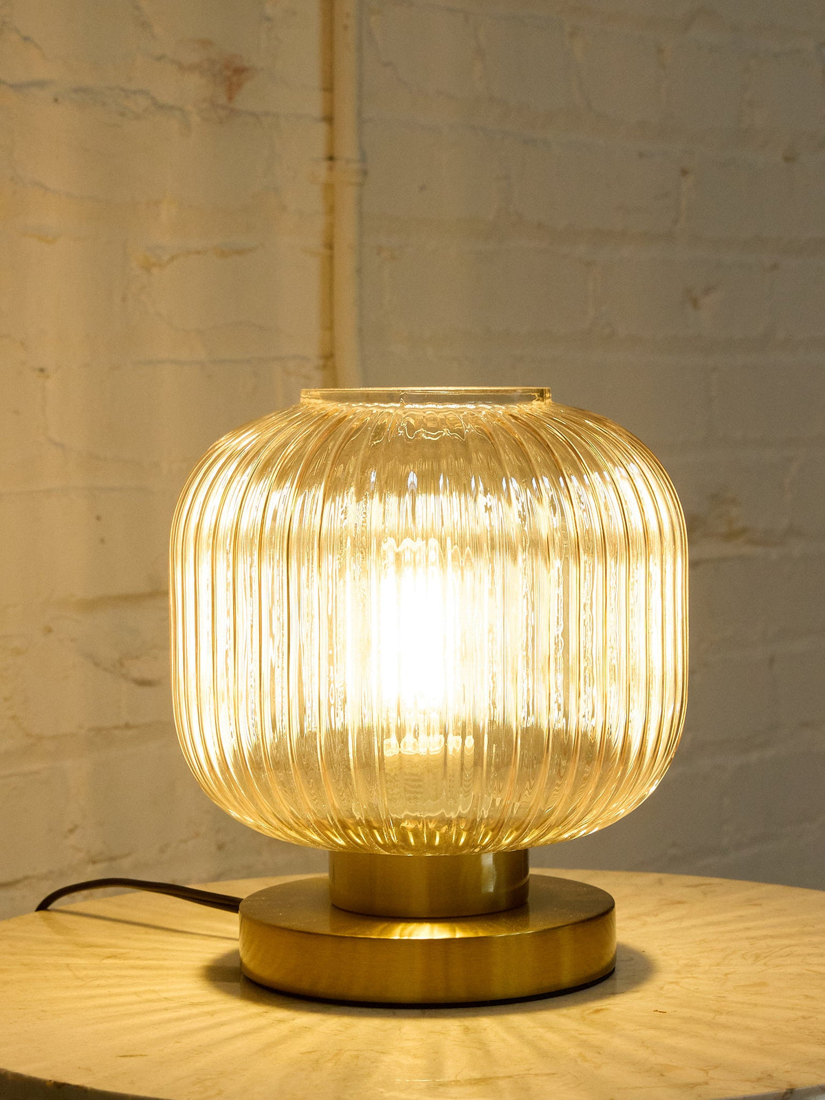 Modern Ribbed Glass Globe Table Lamp with Brass Base