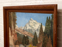 Vintage Mountain River Landscape Painting with Bridge