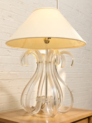 Sculptural Glass Loop Table Lamp with Clear Curved Base and Linen Shade