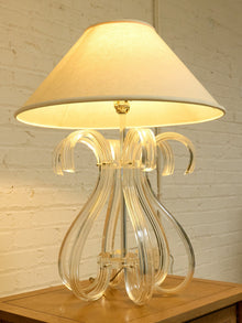 Sculptural Glass Loop Table Lamp with Clear Curved Base and Linen Shade