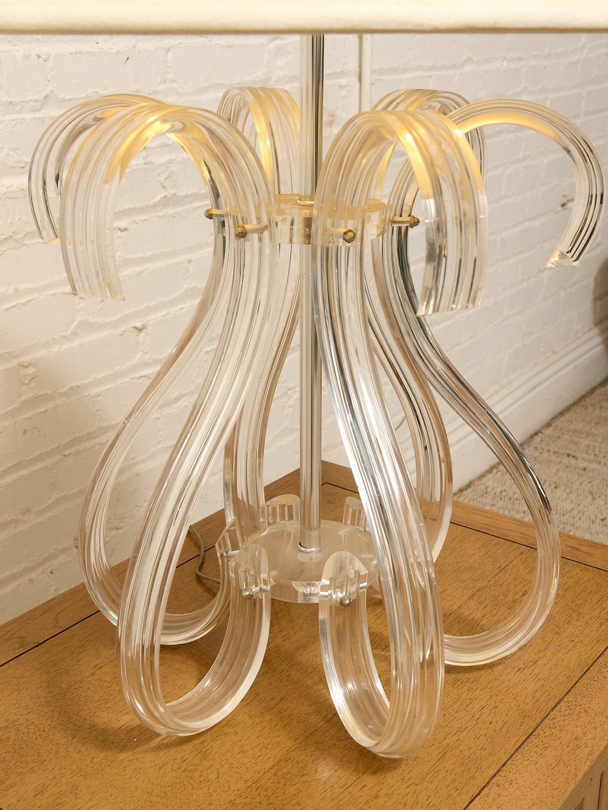 Sculptural Glass Loop Table Lamp with Clear Curved Base and Linen Shade