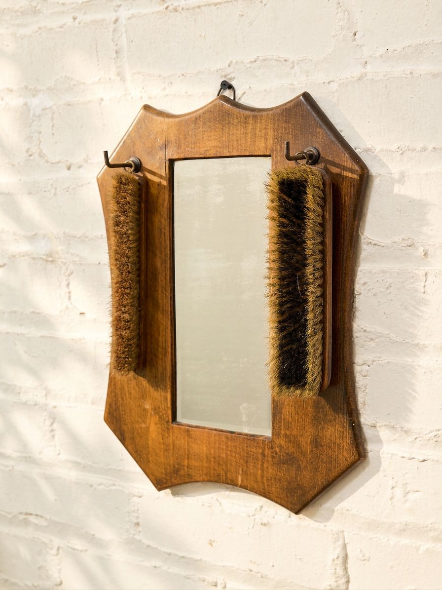 Antique Wood Shaving Mirror with Grooming Brushes
