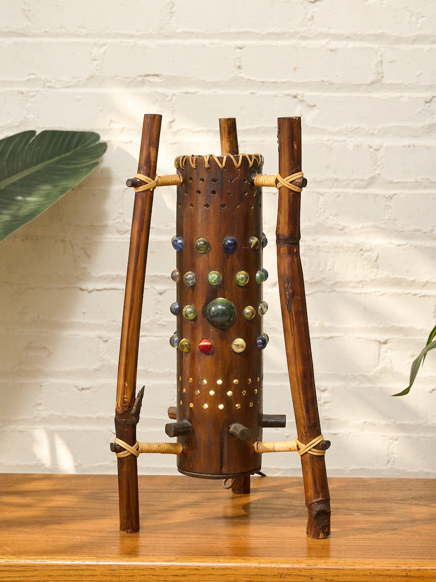 Vintage 1970s Bamboo & Rattan Sculptural Table Lamp with Glass Cabochons