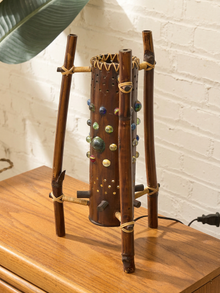 Vintage 1970s Bamboo & Rattan Sculptural Table Lamp with Glass Cabochons
